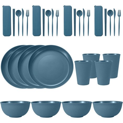 Service de table portable en paille de blé (bols, assiettes et tasses), couteau, fourchette, cuillère et baguettes portugaises. Ensemble de 36 pièces. (1/5)