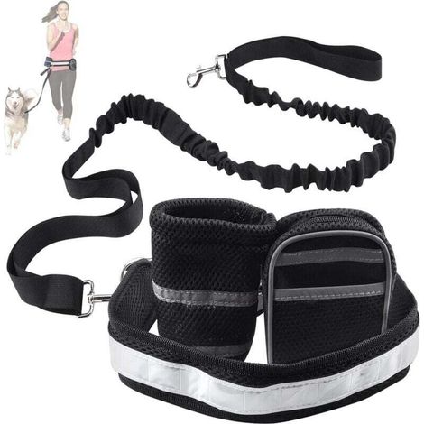 Dog Leash Set Ideal for Running, Jogging and Walking - Hands Free Leash, Double Pocket, Adjustable High Waist Belt, Black (1/4)