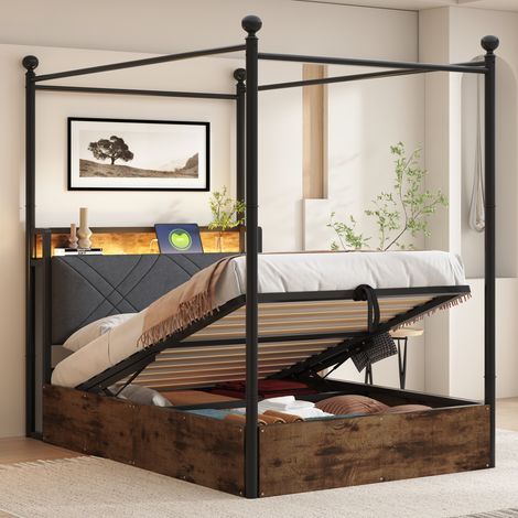 Lit simple en fer multifonctionnel 90190, avec espace de rangement de lit soulevable hydrauliquement et baldaquin en fer forgé, avec poteaux de lit amovibles avec éclairage LED et USB/Type-C, lit pour (1/5)