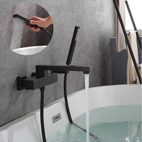 Thermostatic Bathtub Faucet, Waterfall Bathtub Mixer Tap with Hand Shower Black Thermostatic Bathtub Faucet All Copper Hot and Cold (1/5)