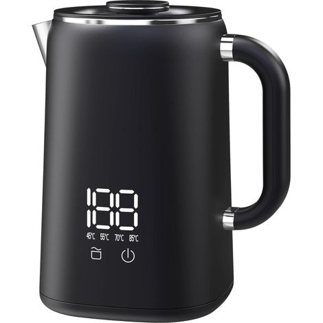 Bouilloire électrique 1,7 L, thermostat réglable de 45 à 100 °C, arrêt automatique, en acier inoxydable et érable, 1500 W