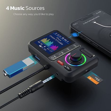 BT98 Autoradio Bluetooth MP3 avec charge rapide QC3, écran couleur, éclairage d'ambiance, transmetteur FM et prise mains libres - Noir (1/3)