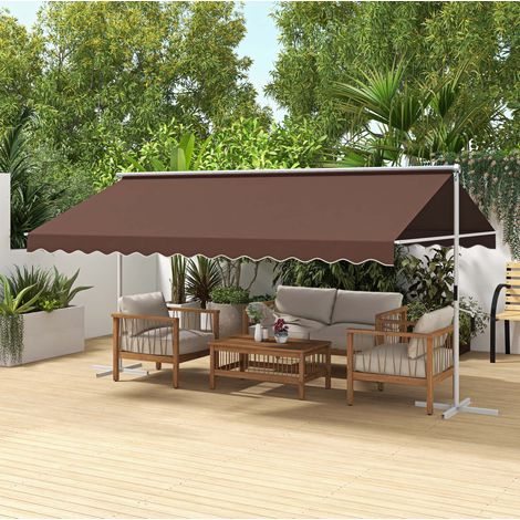 Store banne autoportant en métal coloris café, toile polyester enduite PU, avec manivelle et inclinaison réglable (1/5)