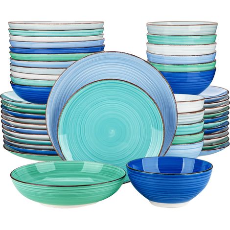 Service de vaisselle en céramique, design peint à la main, 24 pièces, 48 PCS BLEU (1/2)