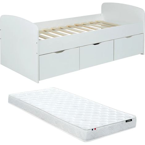 Letto con 2 cassetti e 1 vano portaoggetti 90 x 190 cm Bianco + Materasso - LOUANE (1/5)