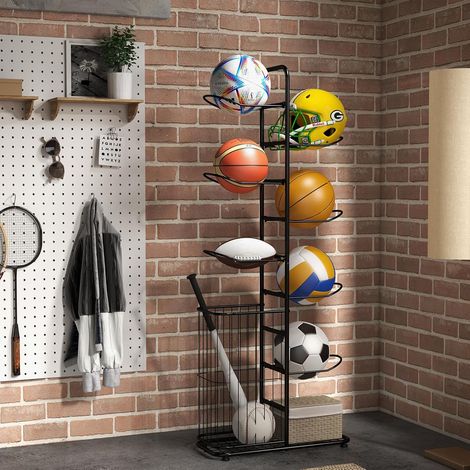 Étagère de Rangement pour Balles à 7 Niveaux, Support de Basket-Ball en Métal avec 7 Tiges Amovibles et Panier Latéral, Organisateur d'Équipement Sportif pour Garage, Noir (1/5)