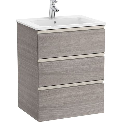 Pack Unik mueble base de 3 cajones + lavabo central THE GAP - ROCA Color: Roble City texturizado - Medidas: 605x460x763 mm