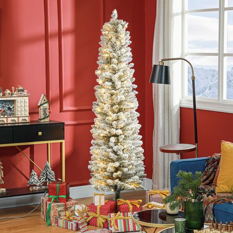 Vert - Sapin de Noël enneigé fin avec 329 branches et lumières LED blanches intégrées, Ø52x180 cm
