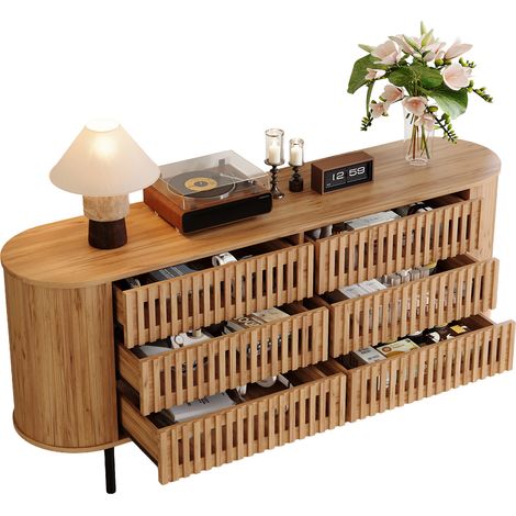 Sideboard 160x40x70 cm mit 6 Schubladen aus MDF und Metallbeinen, Naturfarbe (1/5)