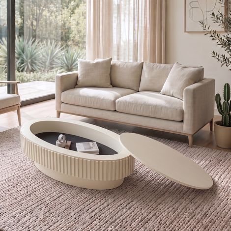 Couchtisch 98 x 60 x 35 cm - versteckter Stauraum, ovales geriffeltes Design, moderner Stil, MDF, Echtholzfurnier, creme (1/5)
