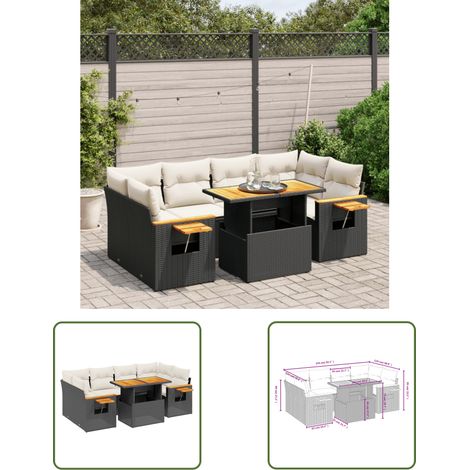 The Living Store 7-tlg. Garten-Sofagarnitur mit Kissen Schwarz Poly Rattan - Gartenmöbel Set - PE-Rattan Möbel - Outdoor Lounge - Gartenlounge - Balkonmöbel (1/3)