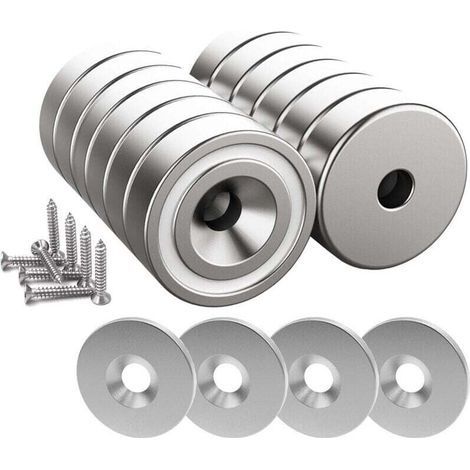 12 pièces Aimants en néodyme 10 KG force 20 x 7 mm avec trou et capsule, aimant en pot fraisé avec vis et 12 coussins en acier (Argent Brillant) H252