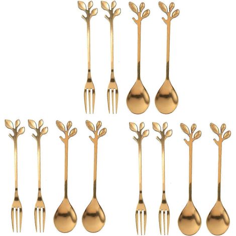 Vaisselle cuillère à café fourchette à feuille d'or, paquet de 12 (6 cuillères 6 fourchettes) ensemble de cuillères à thé de 4,7 pouces (1/5)
