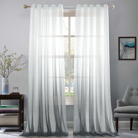 Rideaux en Lin Optique Semi-Transparents - Lot de 2 - 244cm H x 132cm L - Dégradé de Couleur à Oillets - Gris - pour Salon ou Chambre (1/5)