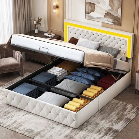 Lit coffre 160x200 cm sommier avec tête de lit réglable, lit capitonné avec rangement, lits double avec hydraulique, pour adultes, adolescents, velours, beige (1/5)