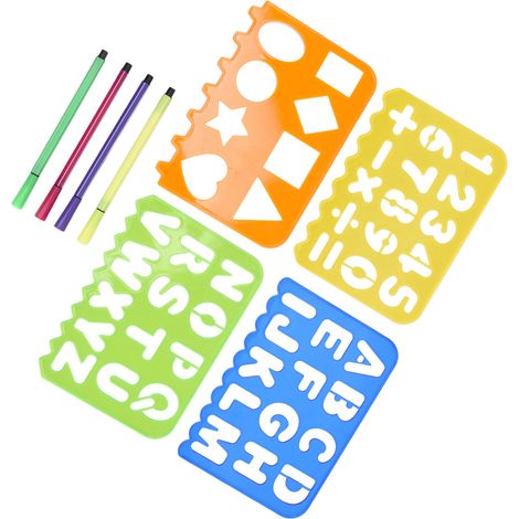 Kit de pochoirs à dessin pour enfants : chiffres, lettres, formes, modèle de dessin, règle, stylo, papier blanc, outil d'apprentissage (1/5)