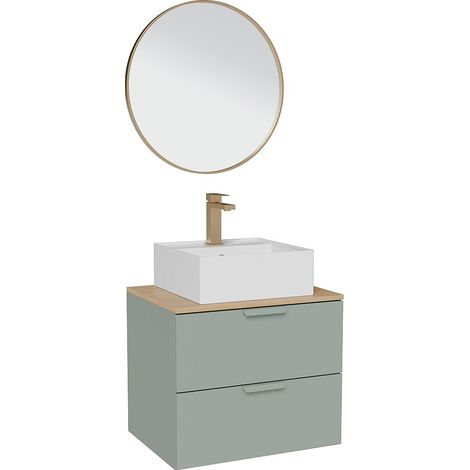 Mobile bagno sospeso con lavabo da appoggio quadrato, rubinetto e specchio Verde salvia L60 cm – AVORELI