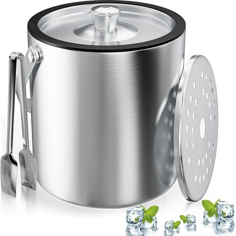 Seau à Glace, Bac à Glaçons Rond Avec Passoire et Pince à Glace, 2L Bac à Glaçons, Bac à Glaçons en Inox, Refroidisseur de Glaçons Pour Bar, Fête, Pour Conserver la Glace et Refroidir les Boissons (1/5)