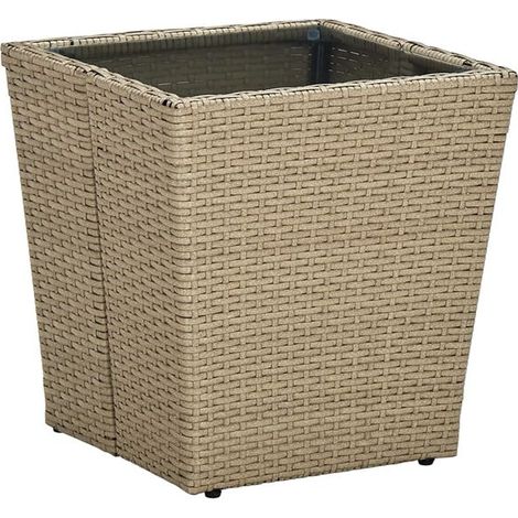 Table Basse Ronde 41,5x41,5x44 cm en Résine Tressée et Verre Trempé, Couleur Beige (1/5)