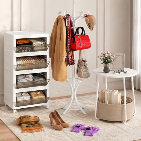 Set di contenitori per corridoi alti (3 pezzi) – Appendiabiti con 12 ganci, contenitore con ruote da 168 L e tavolino rotondo (1/4)