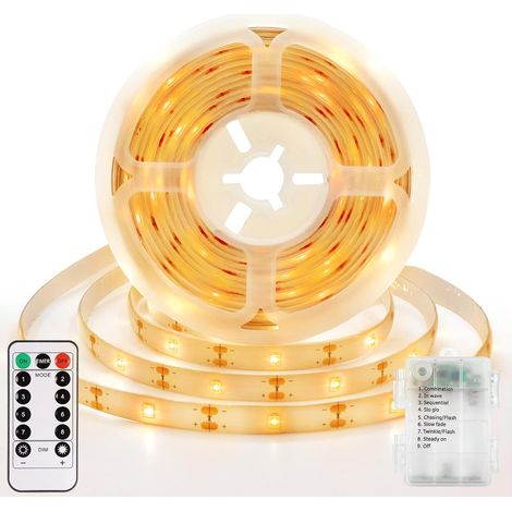 Bande LED de 3 m avec piles, 90 LED, à piles, avec télécommande, minuterie, pour décoration de la chambre à coucher, de la maison (blanc chaud) (1/5)