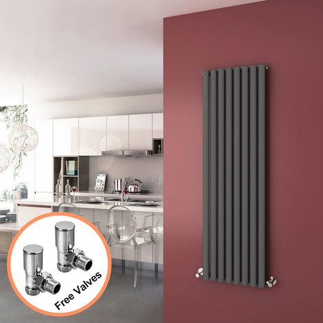 ELEGANT Column Radiators Anthracite 1600 x 480mm Oval Single Panel Heater Designer Vertical Radiator + Angled Radiator Valves (1/5)
