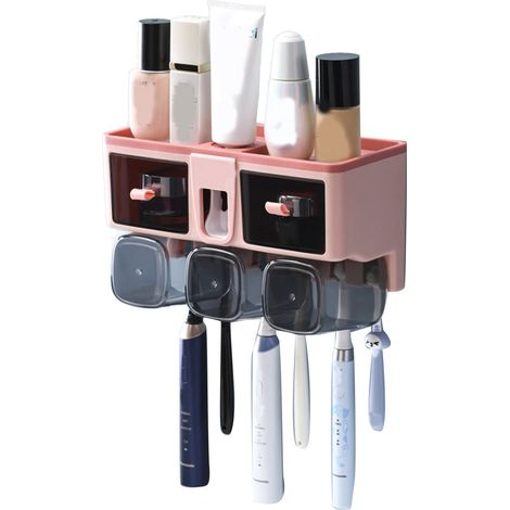 Étagère à brosses à dents rose, fixation murale sans perçage, porte-bain de bouche 3 gobelets, étagère de rangement pour salle de bain (1/4)