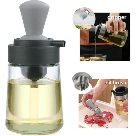 (Grey) Oil Dispenser - 350ML - Food Grade Silicone - Glass - Kitchen Brush (1/4)
