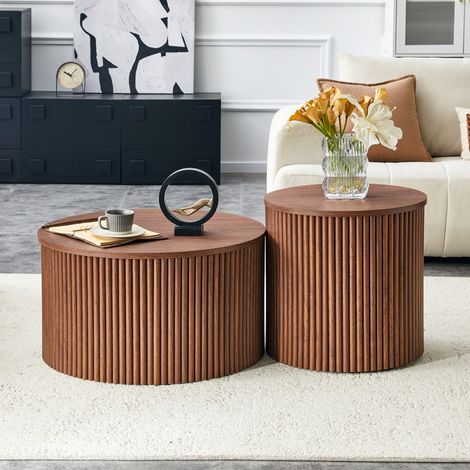 Lot de 2 Tables Basses Gigognes Rondes Style Colonne Romaine en MDF avec Rangement Intégré pour Salon et Chambre - Noyer (1/5)