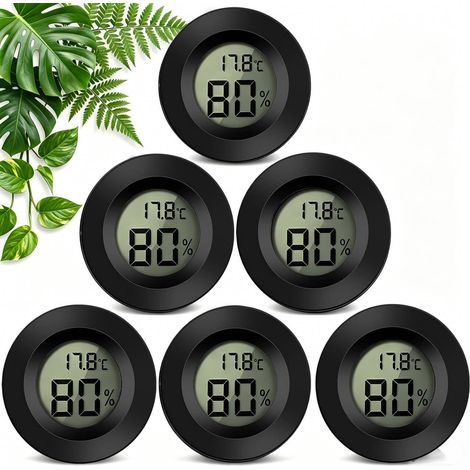 Mini Thermomètre Hygromètre Numérique, Hygromètre Intérieur Rond à Écran LCD, Commutable ℃/℉, Pile Bouton LR44 Incluse, Pour Maison, Serre, Cave à Vin, Bureau, Imprimante 3D - Lot De 6 Pièces, Noir (1/5)