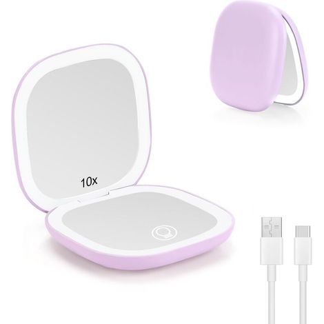 LED Miroir Grossissant, 1X/10X Miroir de Poche Chargement USB, 3 Lumières Réglable, Interrupteur Magnétique Pliable de Maquillage, Portable Grossissant de Voyage (Violet)