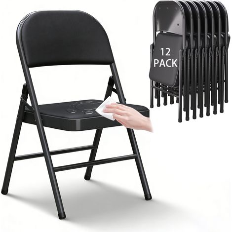 Set of 12 Portable Indoor Folding Chairs Faux Leather Dining Chairs with Metal Frame and Padded Seat Suitable for Home Office Reception Areas Guest Seating and Large Events Max. 145kg Black