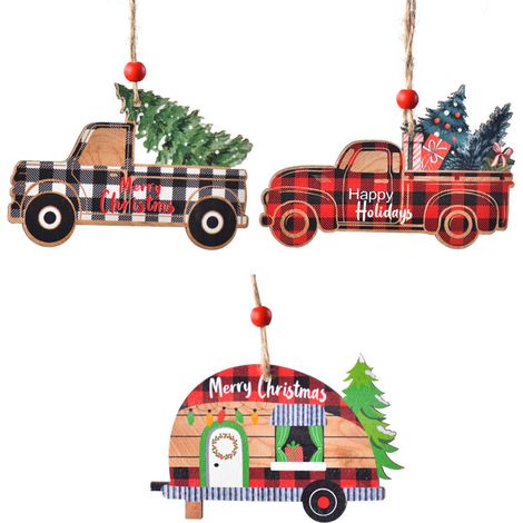 Guirlande De Décoration De Noël - Pendentif En Bois Forme De Camion Et Voiture - Pour Arbre De Noël Intérieur Bureau Chambre - Lot De 3 (1/5)