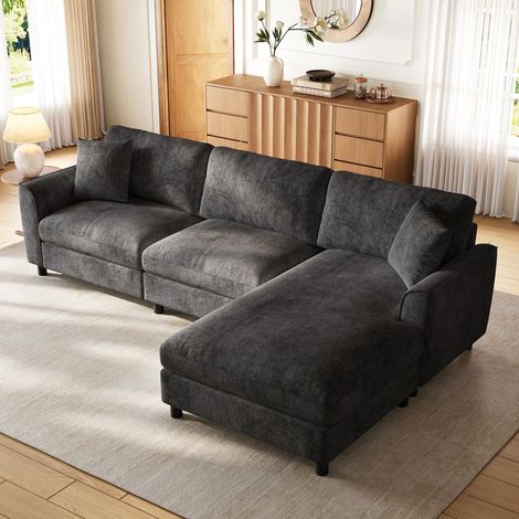 DESMIU Canapé d'angle 3 Places avec Méridienne Réversible et Assise Large de 90 cm, en Chenille Gris (1/5)