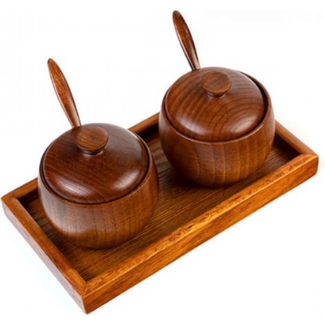 2er-Set Salzgefäße aus Holz mit Tablett, Salzbox aus Naturholz, Gewürzaufbewahrungsbehälter mit Schale (1/5)