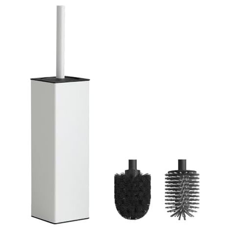 Toilet Brush, Metal Toilet Brush Including 2 Brush Heads, Freestanding Square Toilet Brush for Bathroom White (1/5)