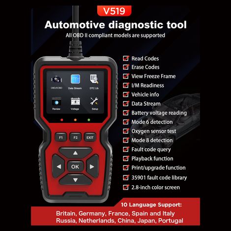 Ej.Life OBD2-Scanner V519 Pro – Kompatibel mit allen Fahrzeugen seit 1996 – Druckfunktion inklusive – Komplette Motordiagnose (1/5)