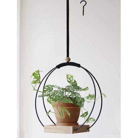 Hänge-Pflanzenhalter mit Holzbasis – Bohemian-Makramée-Halterung für Wand-, Fenster- oder Schlafzimmer-Deko – Schwarz (Topf nicht im Lieferumfang enthalten)