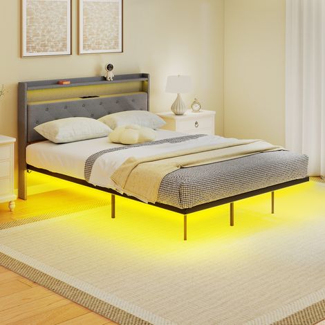 Cadre de lit avec sommier acier gris lit 2 personnes flottant avec lumières led rgb et station de charge 140 x 190 cm design moderne