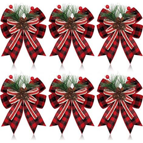 Set di 6 fiocchi natalizi in tela di iuta con pigne e aghi di pino, nastro a quadri, decorazione per albero di Natale (rosso e nero) (1/5)