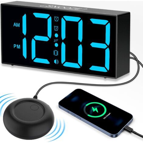 Réveil lumineux 7 pouces avec vibreur et alarme extra forte – Écran LED avec chiffres extra-larges – Recharge USB et sauvegarde batterie (1/5)