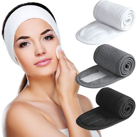 Bandeaux de spa - Lot de 3 - Extra doux - Réglables - Bandeau nettoyant pour le visage - Convient pour le nettoyage du visage, la douche, les masques et le yoga (Noir + Blanc + Gris) (1/3)