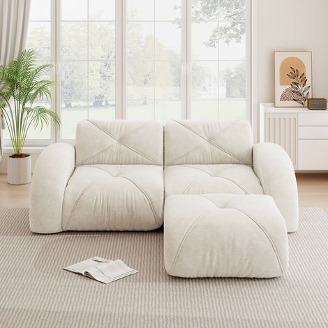 Canapé modulaire 2 places blanc avec tabouret mousse 32D tissu chenille. Résistant aux animaux design antidérapant pour salon.