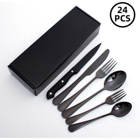 Ensemble de couverts en acier inoxydable noir (24 pièces) : couteaux, fourchettes et cuillères
