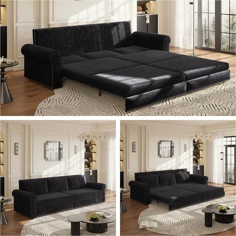Sofá cama de 3 plazas 238x90x98 cm de terciopelo negro, 3 en 1 para salón – MEUBLIV (1/5)