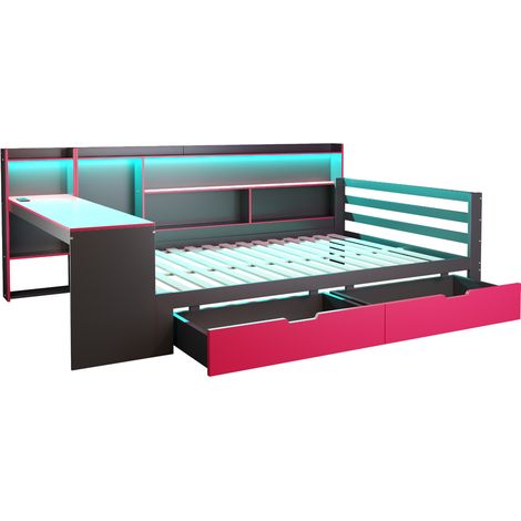 Bett 140 x 200 cm aus Holz mit Schreibtisch, Regalen, Schubladen, LED, Steckdosen, schwarz/rot (1/5)