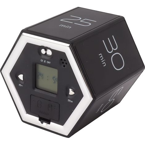 Minuteur hexagonal à bascule avec alarme silencieuse, minuteur magnétique cubique avec écran LCD pour la cuisine, les études et le travail (noir). (1/5)