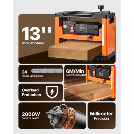 Raboteuse à table 330 mm, raboteuse établi bois 2000W 23500 tr/min, tête spirale 24 lames, 1 vitesse, pour bois dur et tendre (1/5)