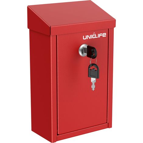 Boîte à clés pour l'extérieur, boîte à dons en métal rouge avec serrure à clé, boîte à suggestions sûre, boîte aux lettres murale avec fente supérieure, boîte à monnaie en acier (1/5)
