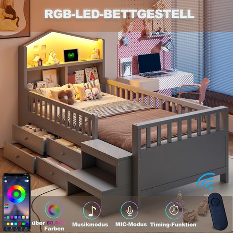 Lit enfant 90 x 200 cm avec barrière de sécurité, quatre tiroirs de rangement, marches, éclairage LED, ports de charge USB et Type-C, lit en bois massif avec sommier à lattes, lit simple, gris (1/5)